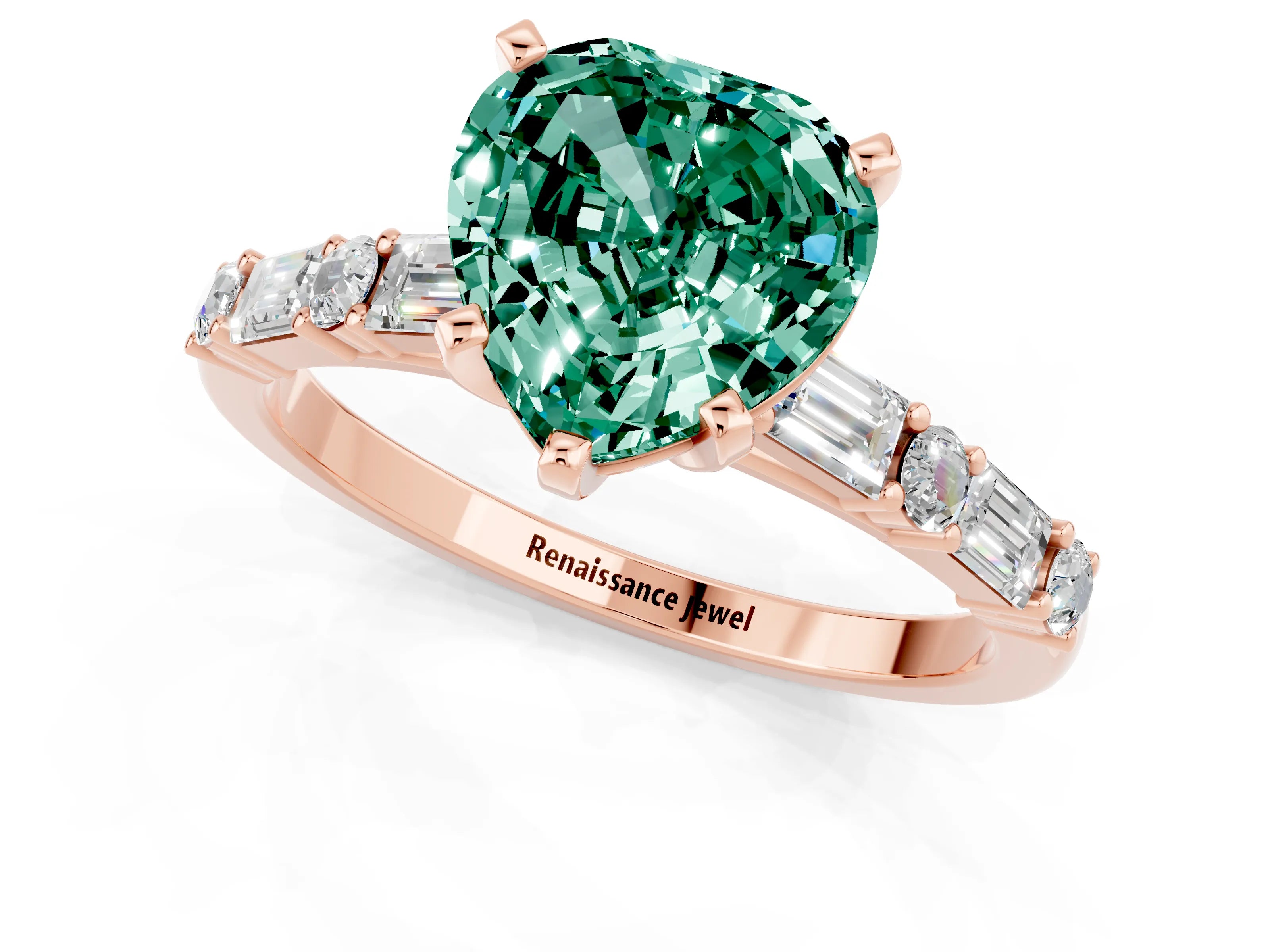 Rose gold Heart Cut Green Sapphire Solitaire with Side Baguettes and Channel Set Band_1