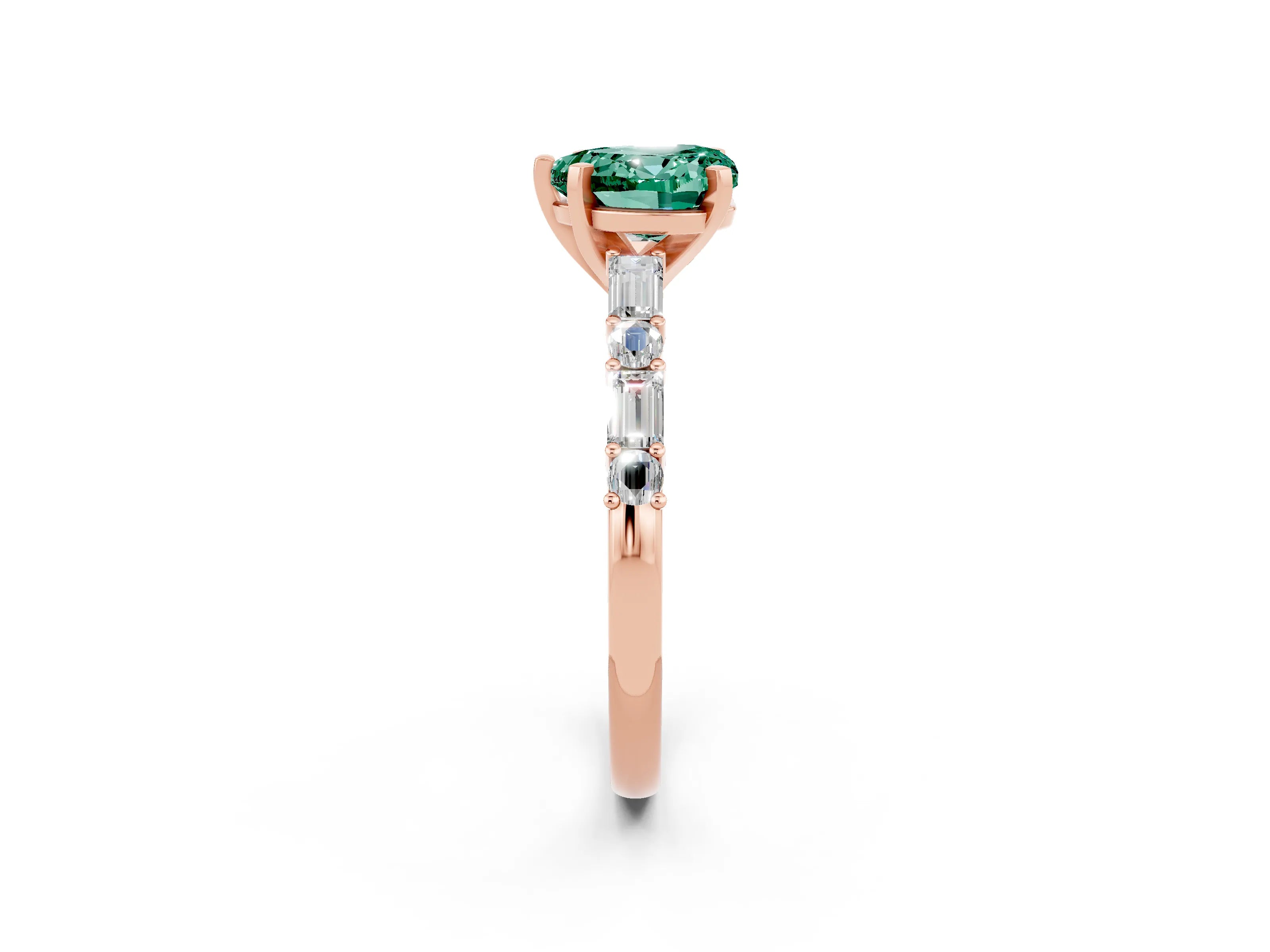 Rose gold Heart Cut Green Sapphire Solitaire with Side Baguettes and Channel Set Band_2