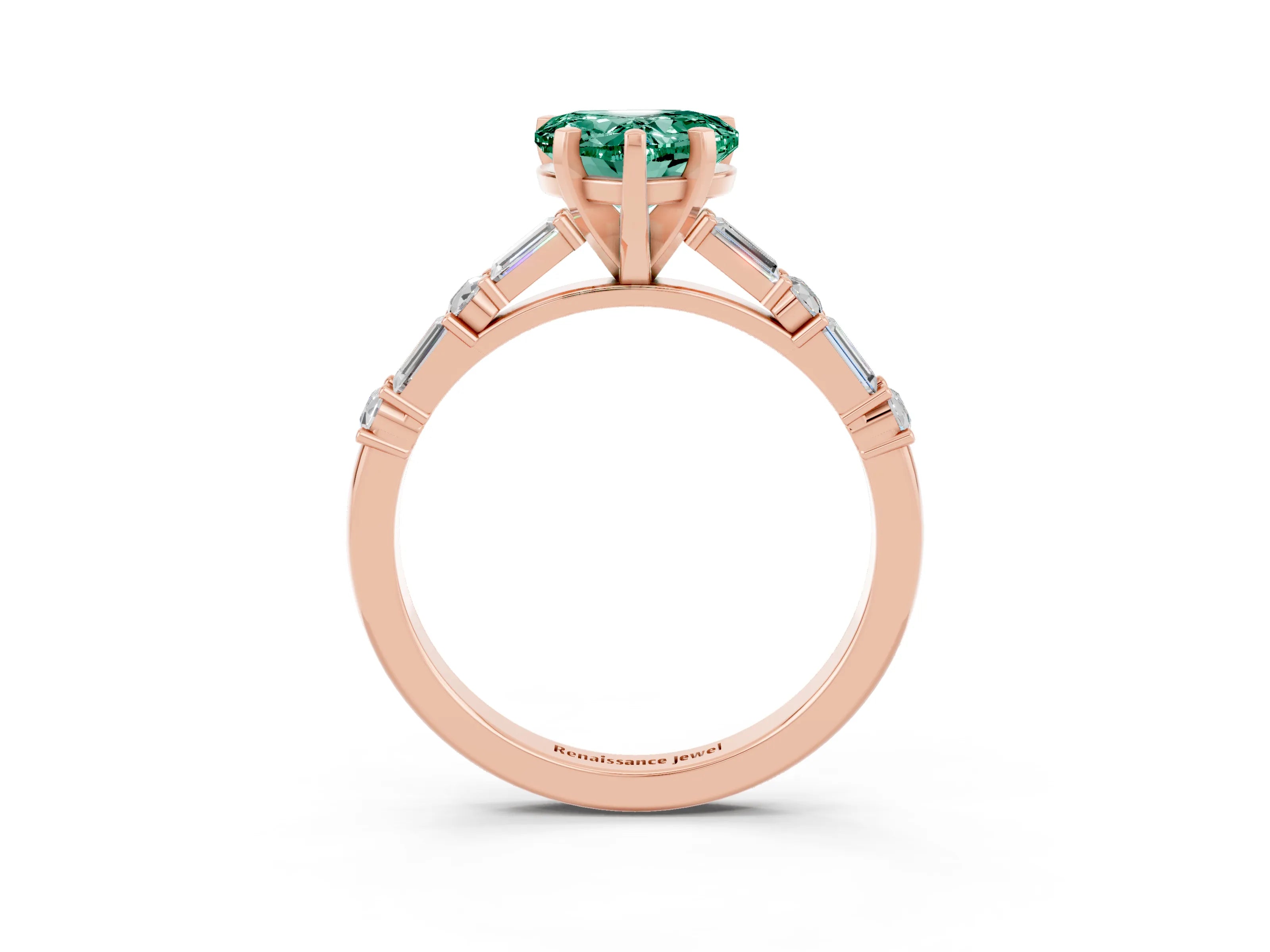 Rose gold Heart Cut Green Sapphire Solitaire with Side Baguettes and Channel Set Band_3