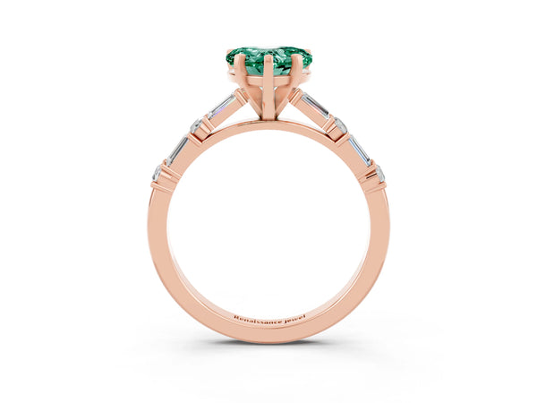 Rose gold Heart Cut Green Sapphire Solitaire with Side Baguettes and Channel Set Band