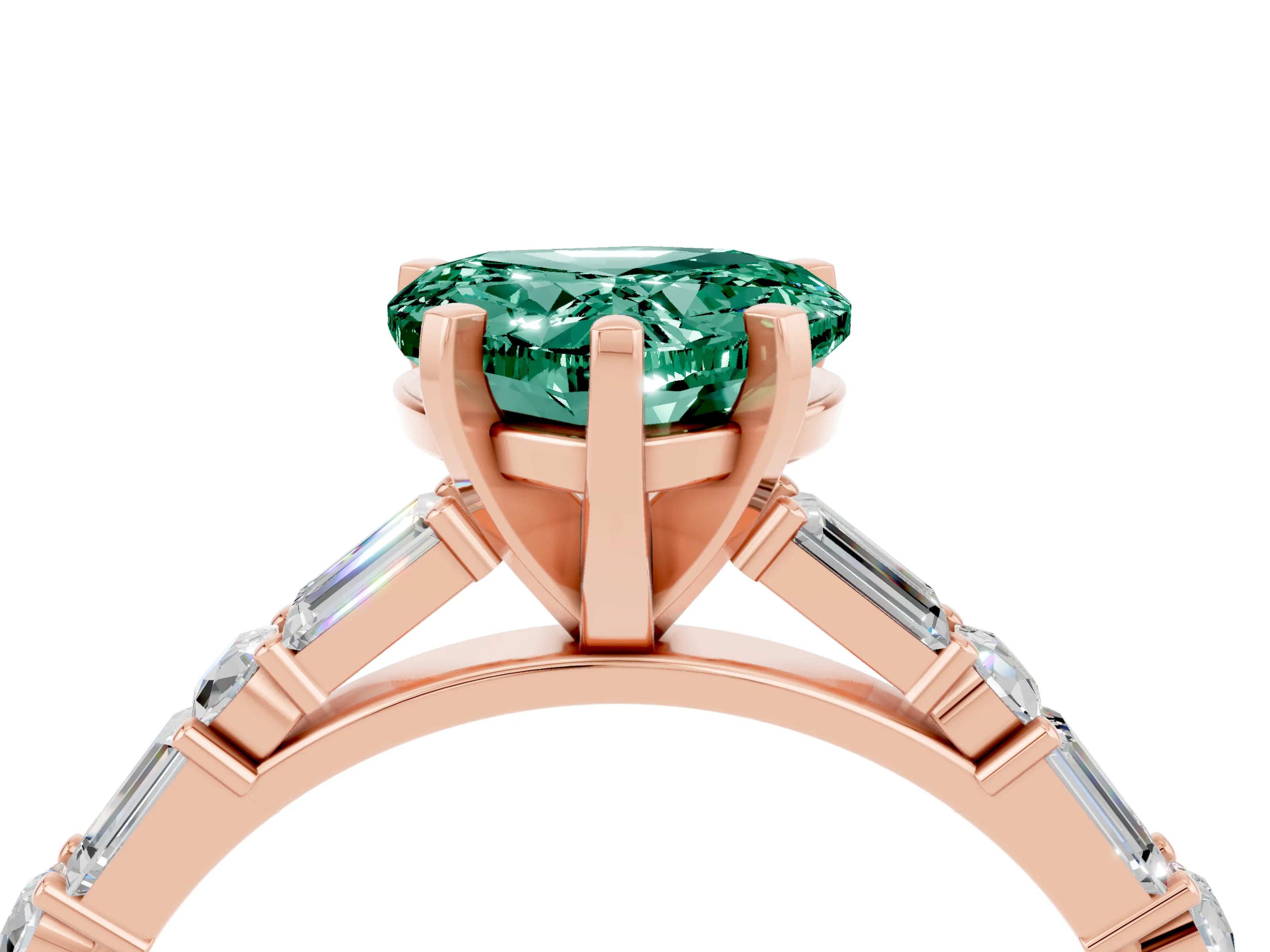 Rose gold Heart Cut Green Sapphire Solitaire with Side Baguettes and Channel Set Band_4