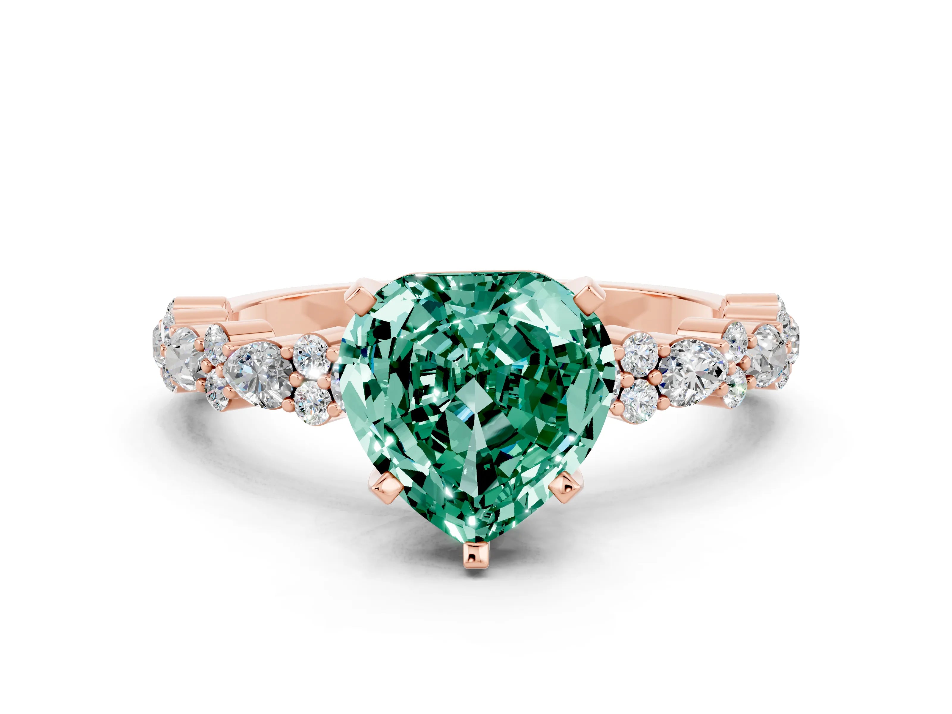 Rose gold Heart Cut Green Sapphire Solitaire with Side Stones, Pave Band, Four-Prong Setting_36