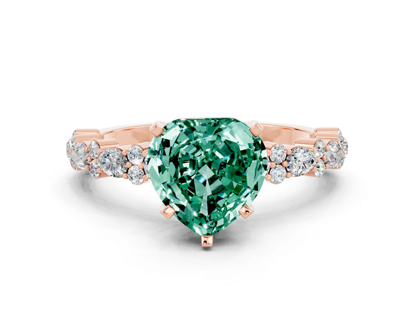 Rose gold Heart Cut Green Sapphire Side Stone Solitaire Ring with Round  and Four-Prong Setting
