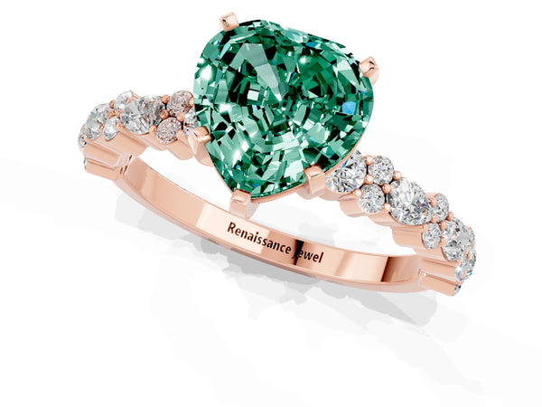 Rose gold Heart Cut Green Sapphire Side Stone Solitaire Ring with Round  and Four-Prong Setting