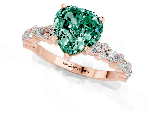 Rose gold Heart Cut Green Sapphire Solitaire with Side Stones, Pave Band, Four-Prong Setting_37
