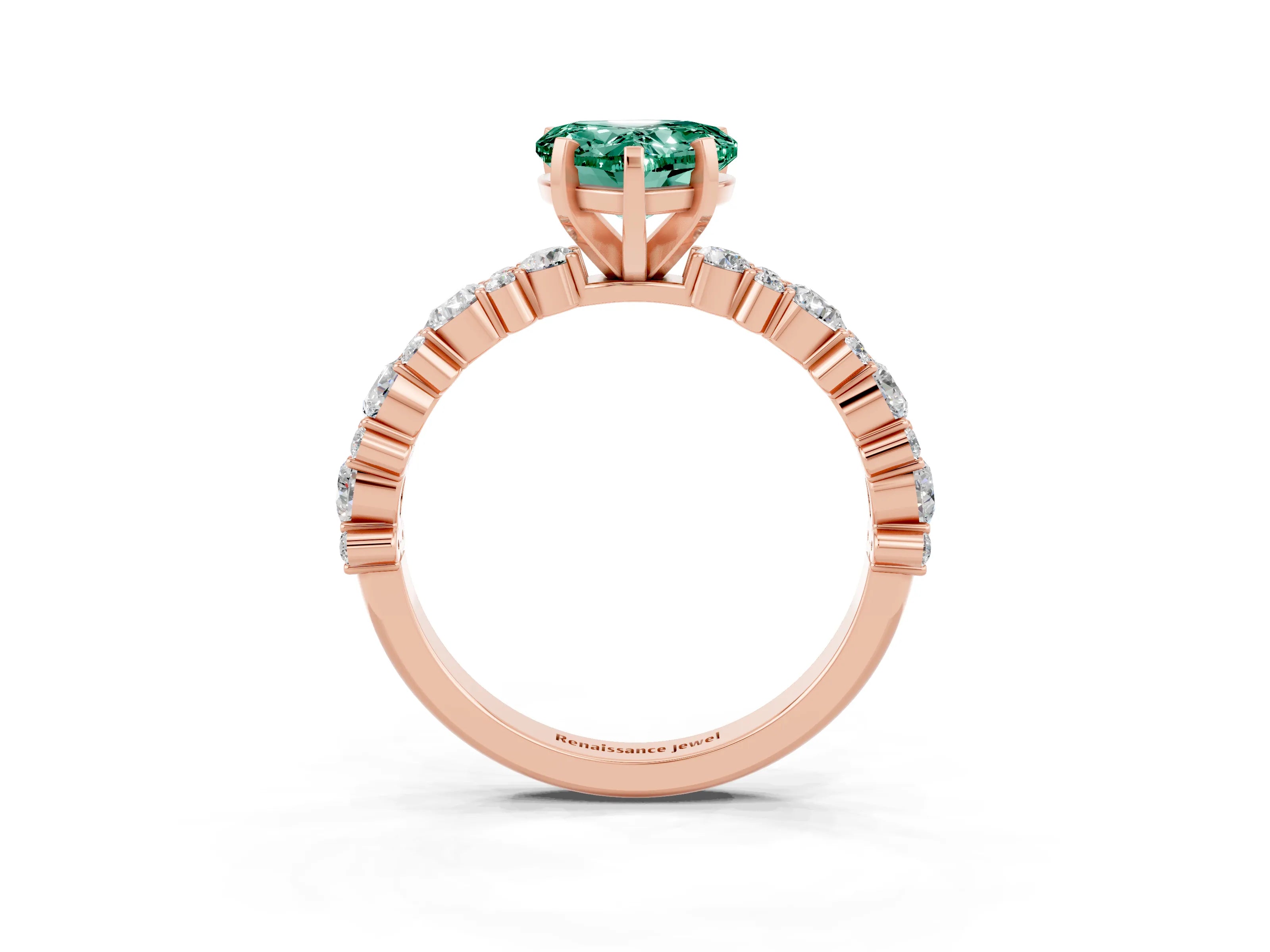 Rose gold Heart Cut Green Sapphire Solitaire with Side Stones, Pave Band, Four-Prong Setting_39