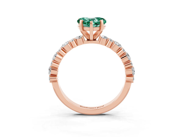 Rose gold Heart Cut Green Sapphire Side Stone Solitaire Ring with Round  and Four-Prong Setting