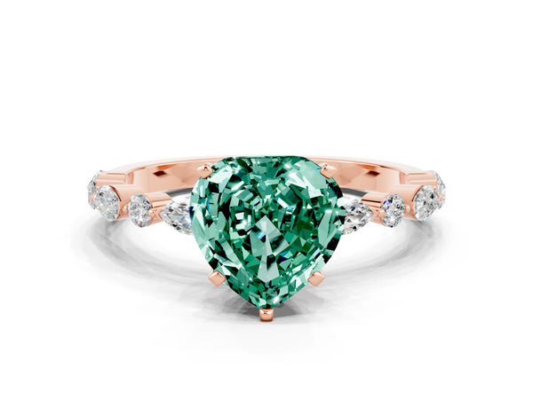Rose gold Heart Cut Green Sapphire Ring with Marquise and Round  Side Stones and Four-Prong Setting