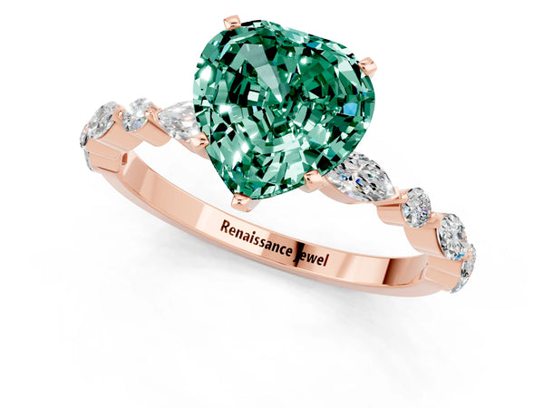 Rose gold Heart Cut Green Sapphire Ring with Marquise and Round  Side Stones and Four-Prong Setting