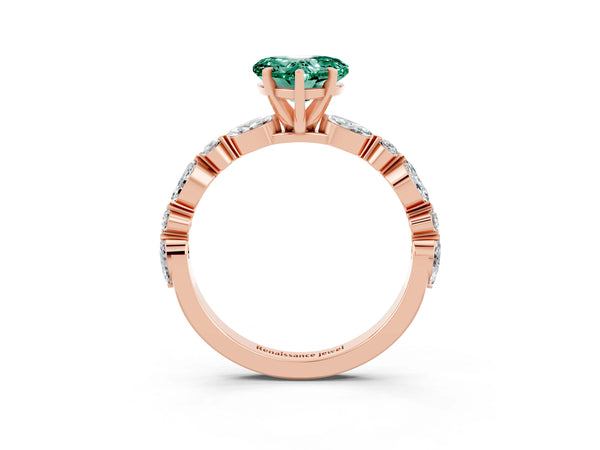 Rose gold Heart Cut Green Sapphire Ring with Marquise and Round  Side Stones and Four-Prong Setting