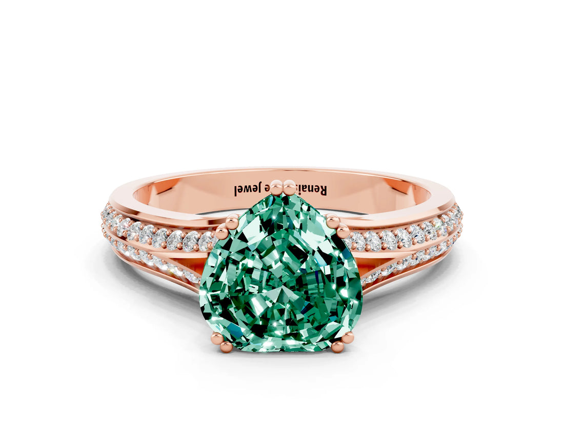 Rose gold Heart Cut Green Sapphire Split Shank Engagement Ring with Pavé Band