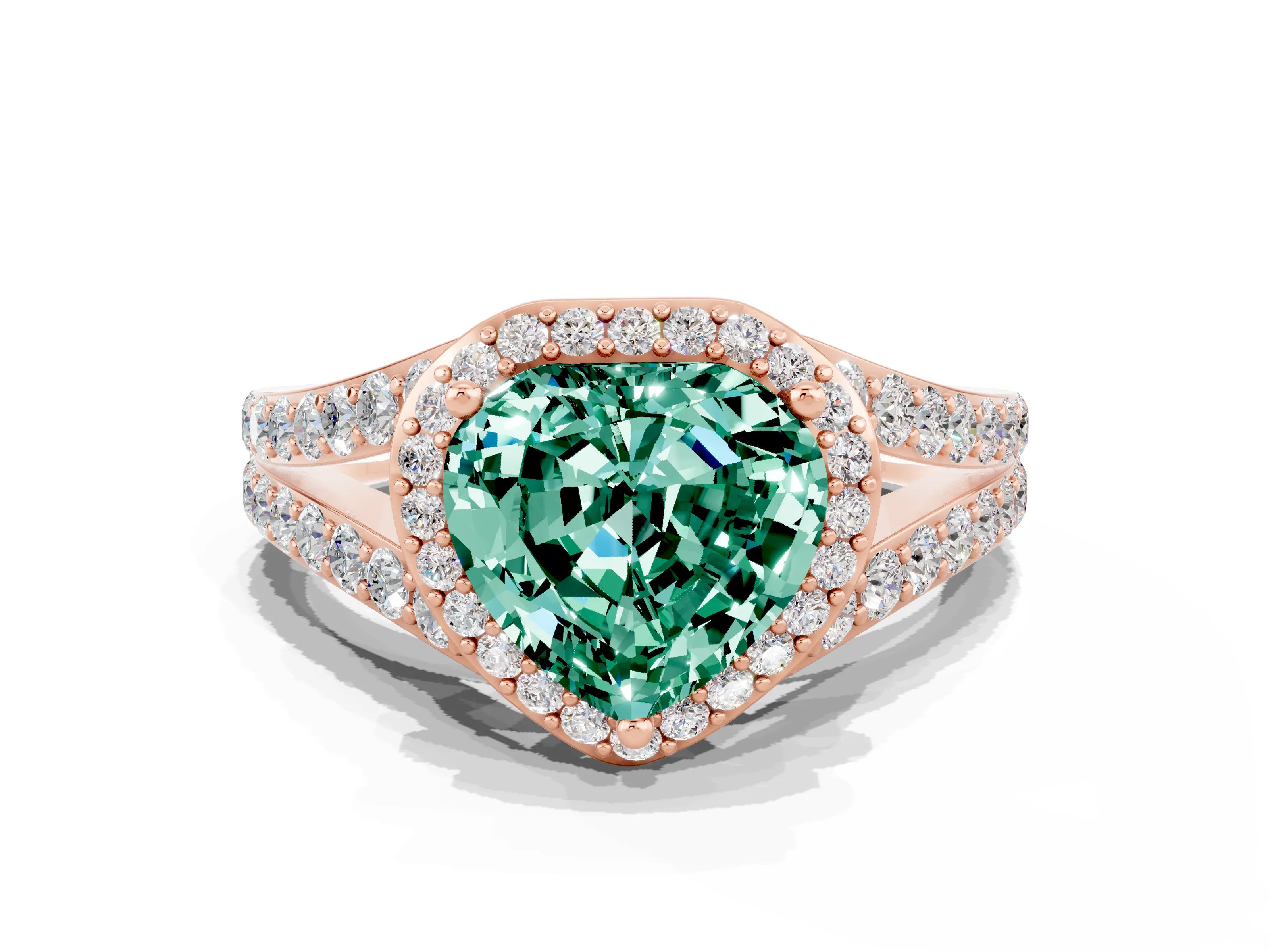 Rose gold Heart Cut Green Sapphire Split Shank Halo Ring with Four-Prong Setting_12