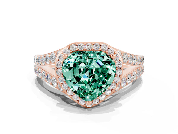 Rose gold Heart Cut Green Sapphire Split Shank Halo Ring with Four-Prong Setting