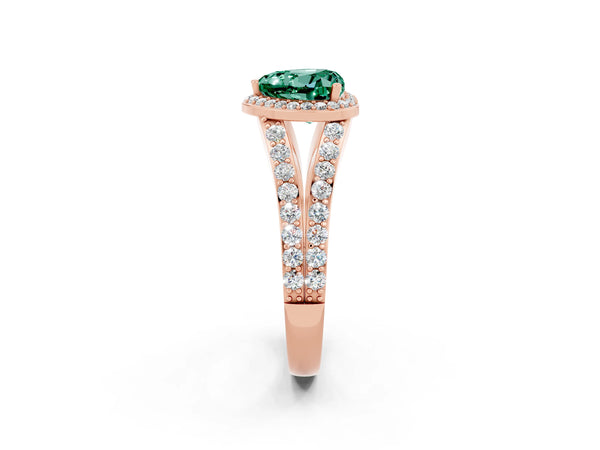 Rose gold Heart Cut Green Sapphire Split Shank Halo Ring with Four-Prong Setting