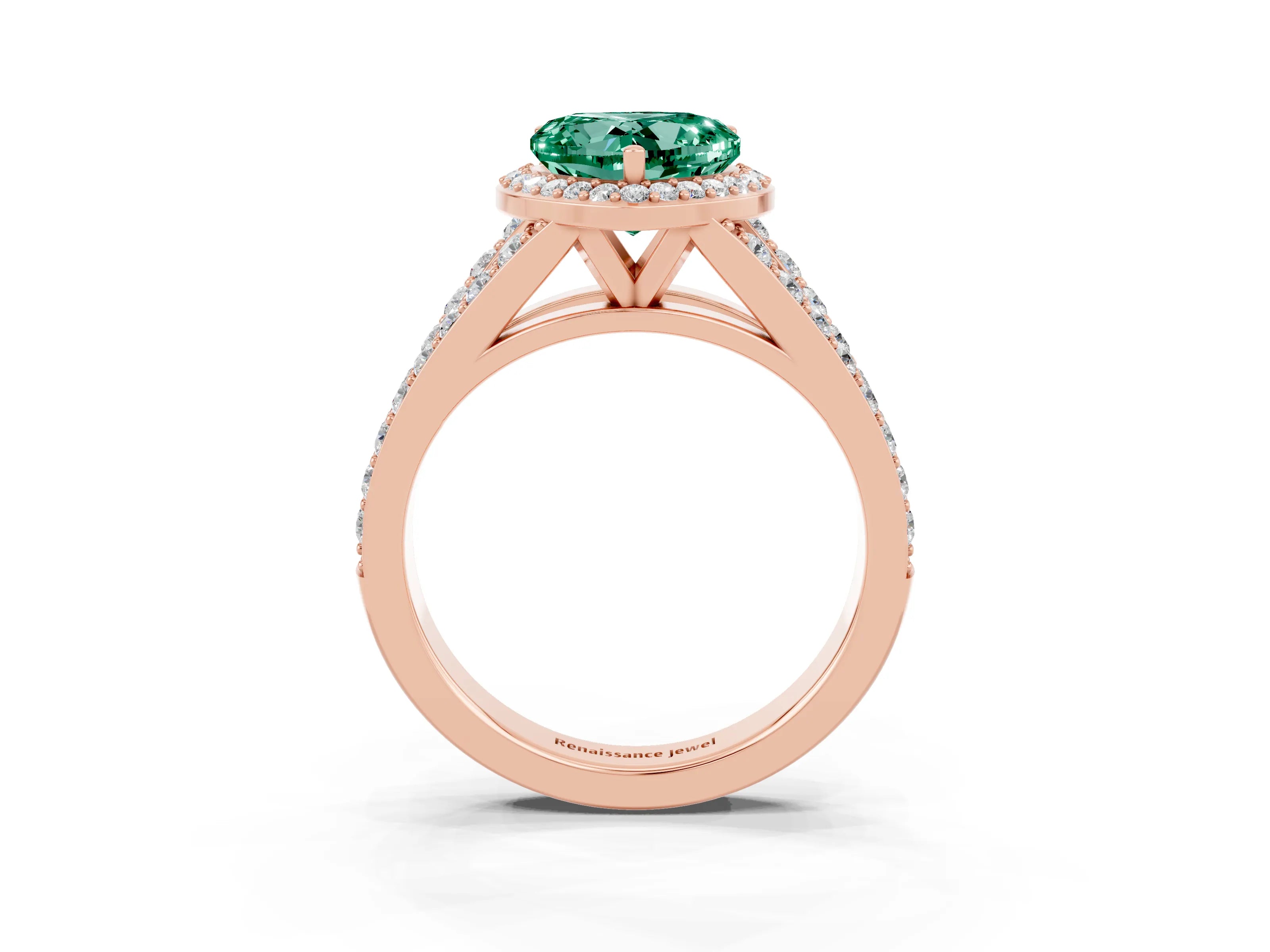 Rose gold Heart Cut Green Sapphire Split Shank Halo Ring with Four-Prong Setting_15