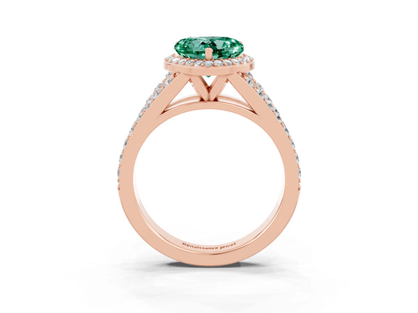 Rose gold Heart Cut Green Sapphire Split Shank Halo Ring with Four-Prong Setting