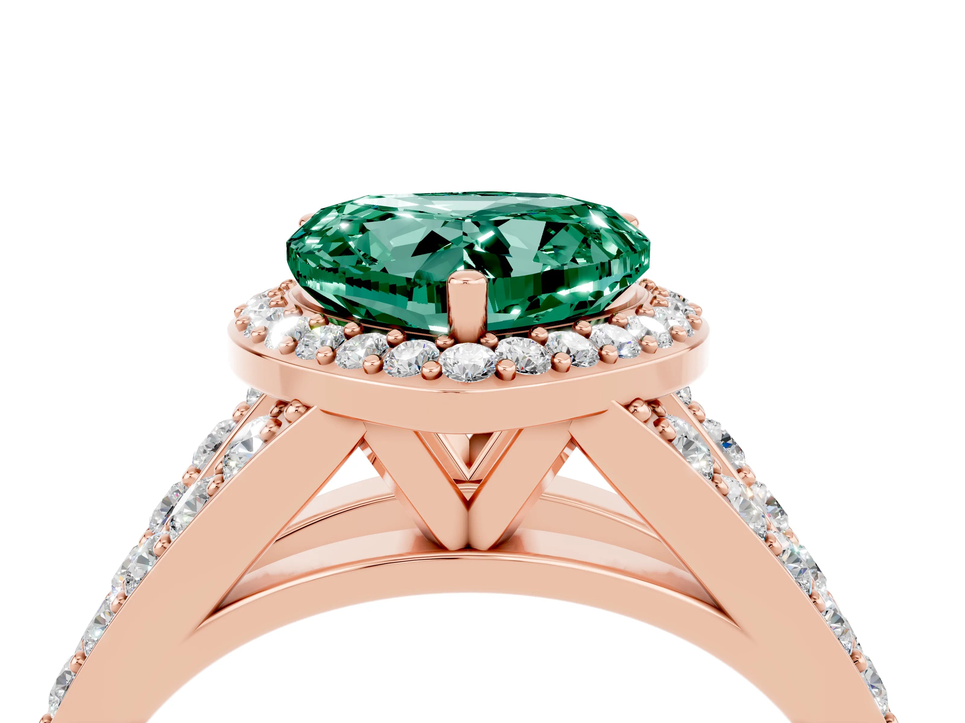 Rose gold Heart Cut Green Sapphire Split Shank Halo Ring with Four-Prong Setting_16