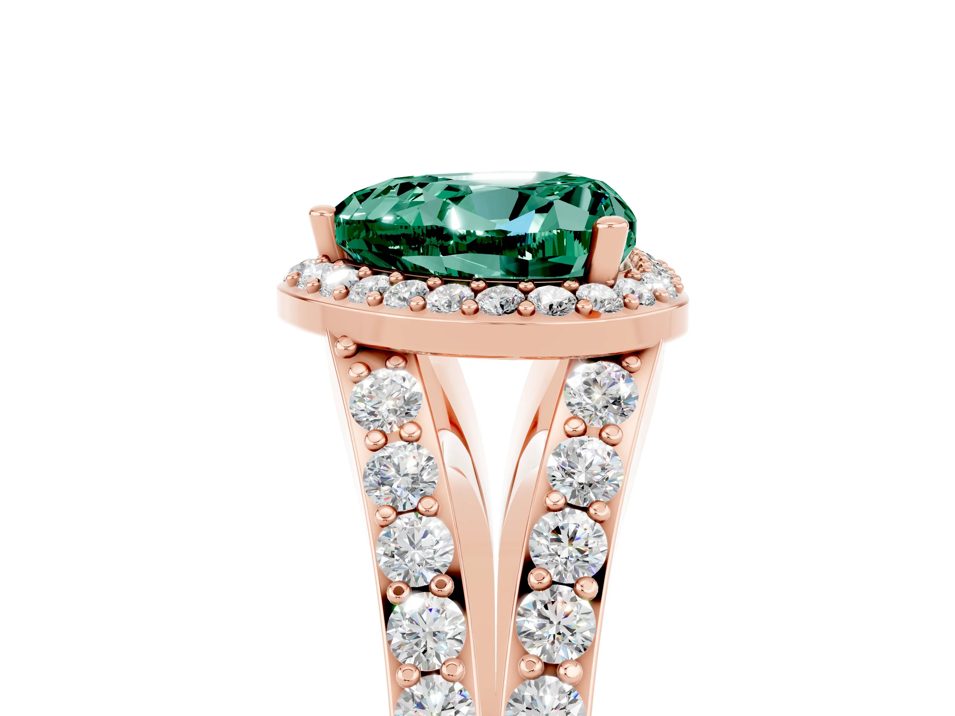 Rose gold Heart Cut Green Sapphire Split Shank Halo Ring with Four-Prong Setting_17