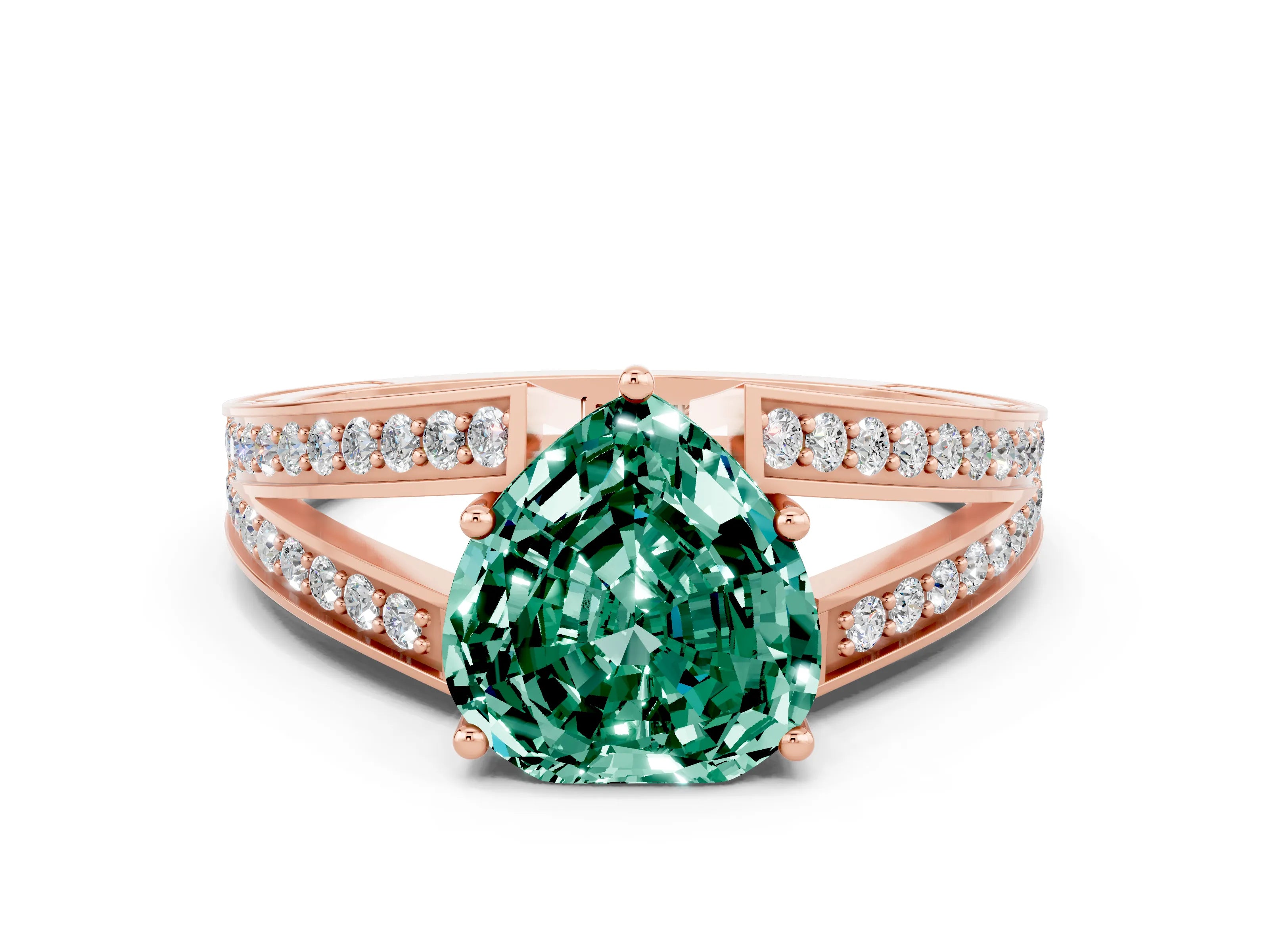 Rose gold Heart Cut Green Sapphire Split Shank Ring with Pavé Band and Four-Prong Setting