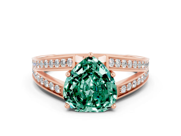 Rose gold Heart Cut Green Sapphire Split Shank Ring with Pavé Band and Four-Prong Setting