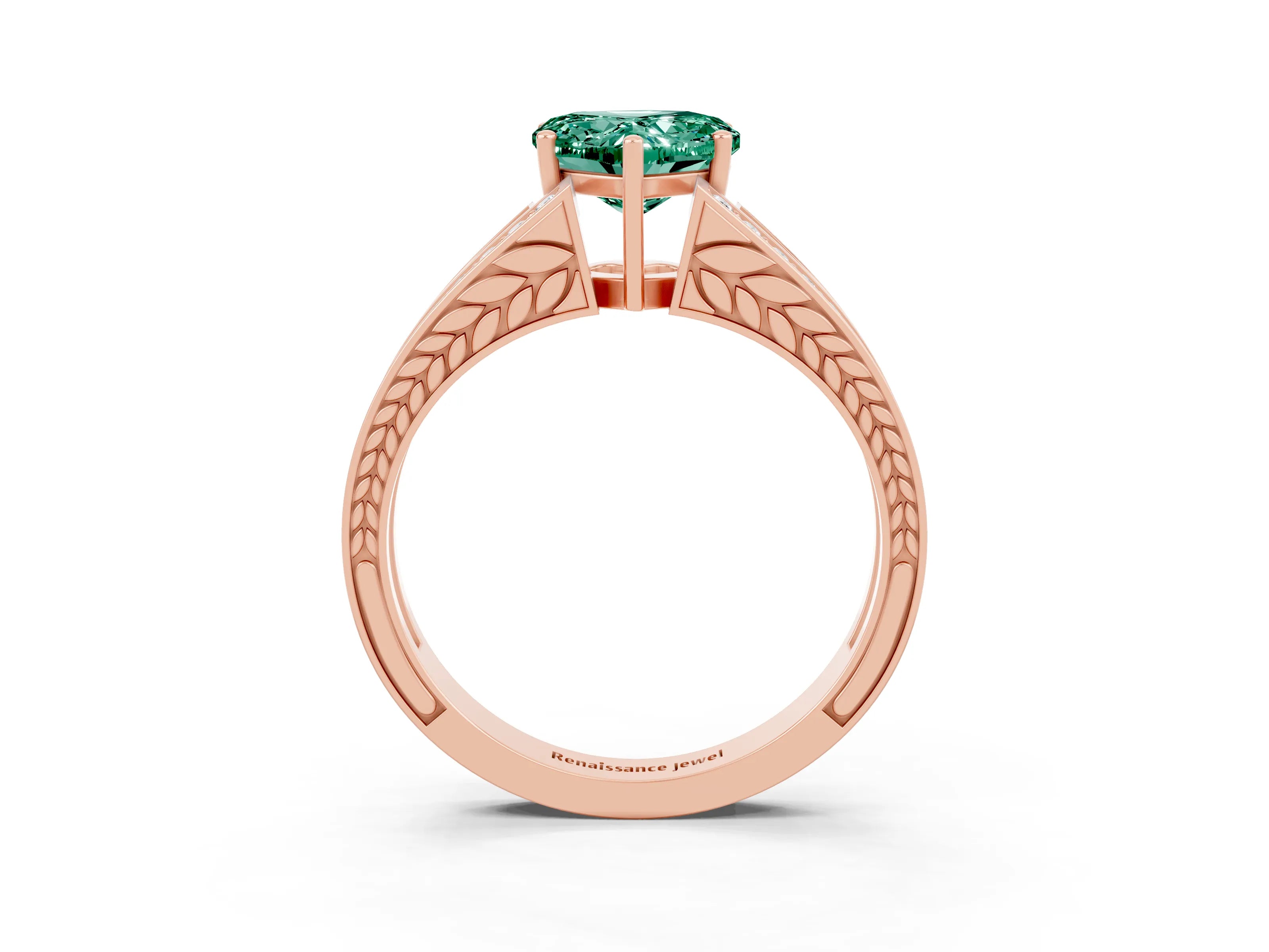 Rose gold Heart Cut Green Sapphire Split Shank Ring with Pavé Band and Four-Prong Setting_3