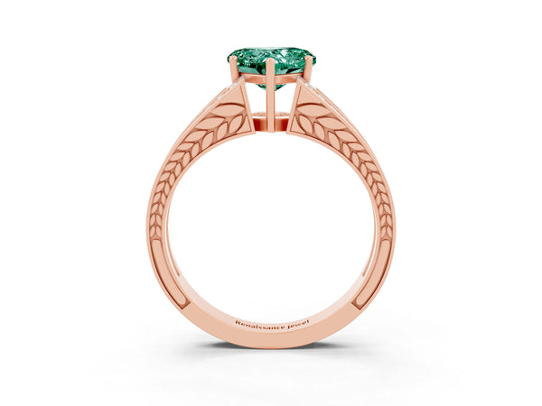 Rose gold Heart Cut Green Sapphire Split Shank Ring with Pavé Band and Four-Prong Setting