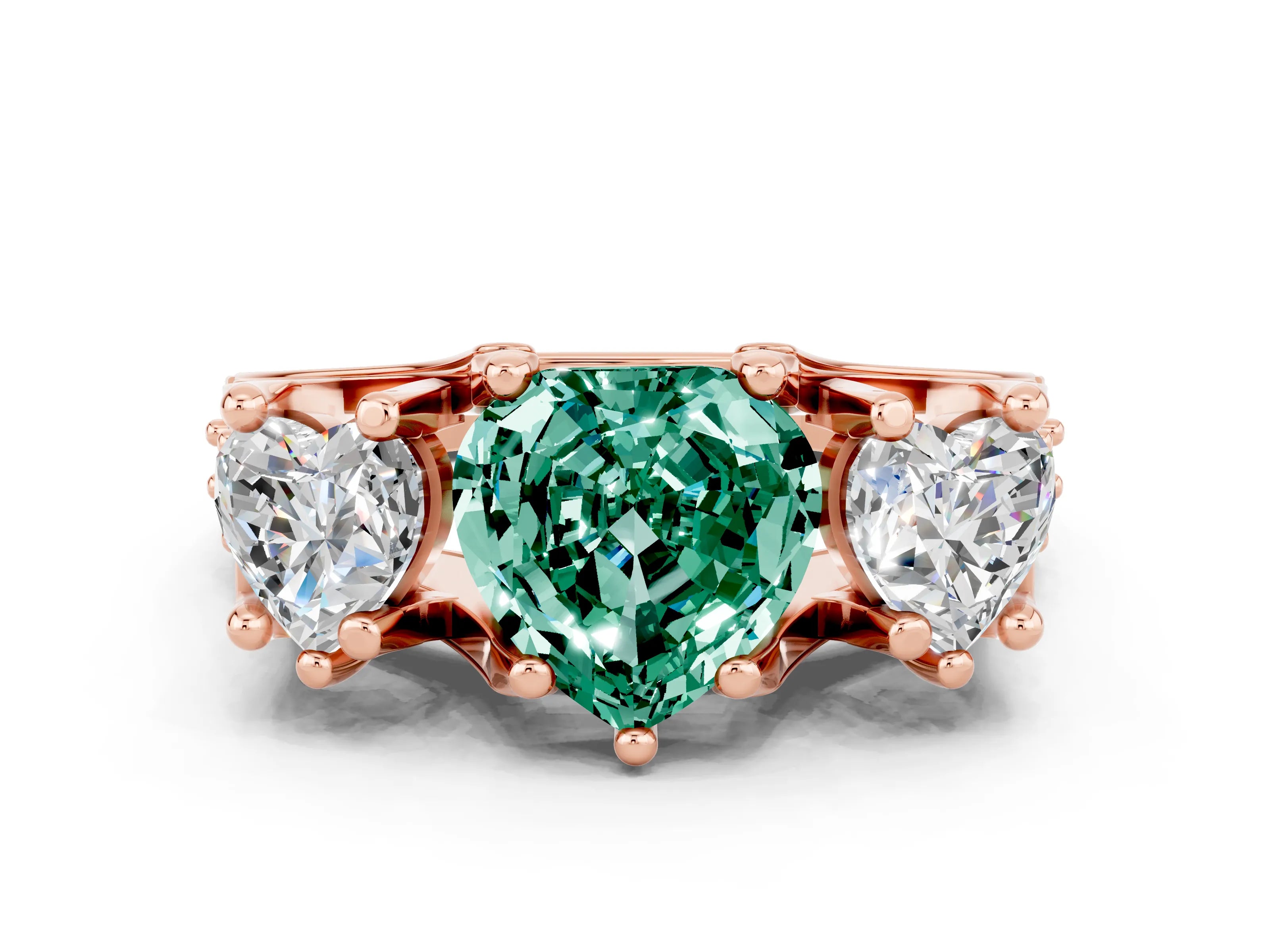 Rose gold Heart Cut Green Sapphire Three-Stone Ring with Channel Set Band and Four-Prong Setting