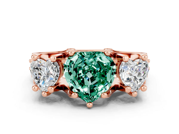 Rose gold Heart Cut Green Sapphire Three-Stone Ring with Channel Set Band and Four-Prong Setting