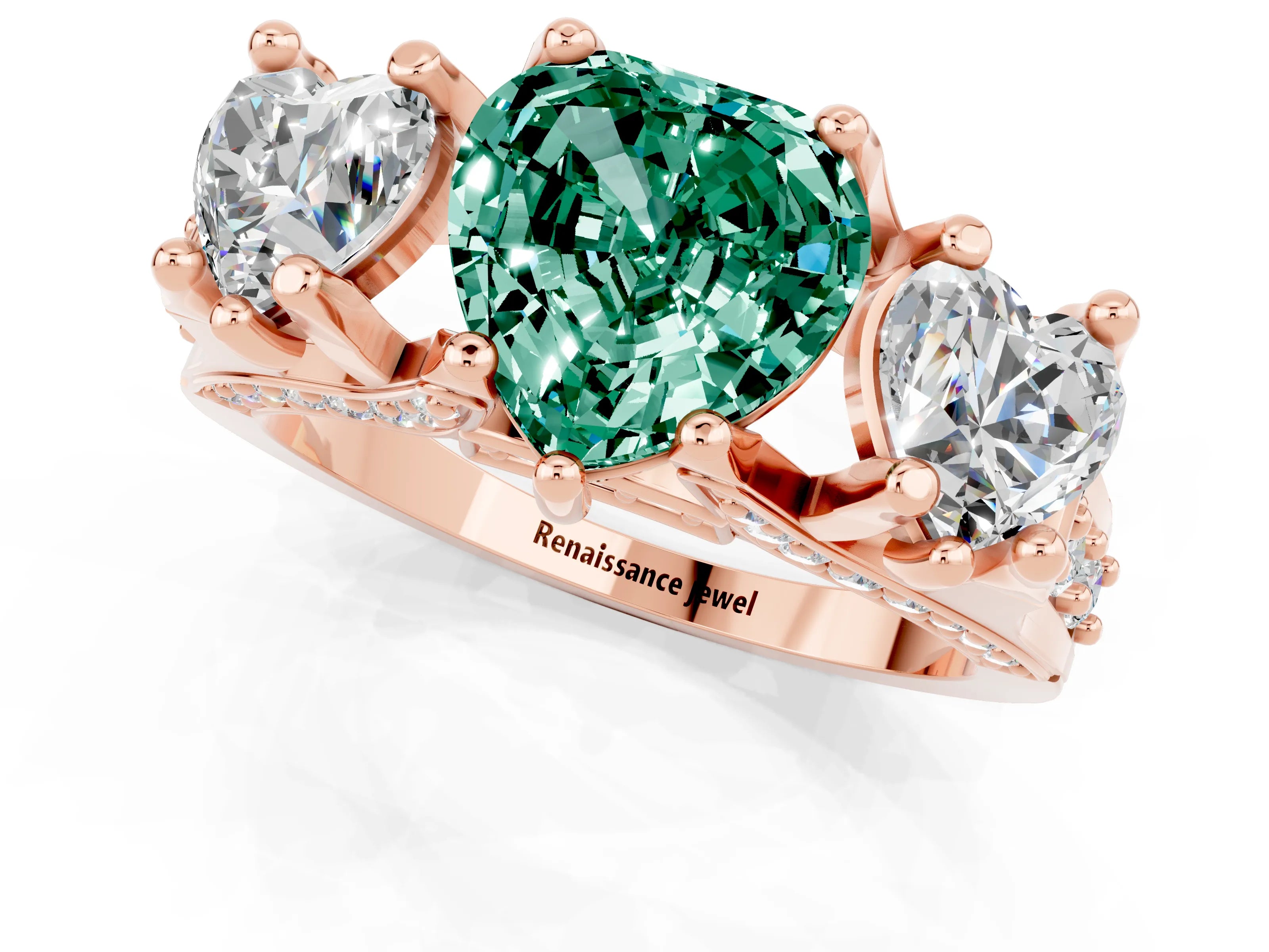 Rose gold Heart Cut Green Sapphire Three-Stone Ring with Channel Set Band and Four-Prong Setting_1