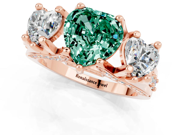 Rose gold Heart Cut Green Sapphire Three-Stone Ring with Channel Set Band and Four-Prong Setting