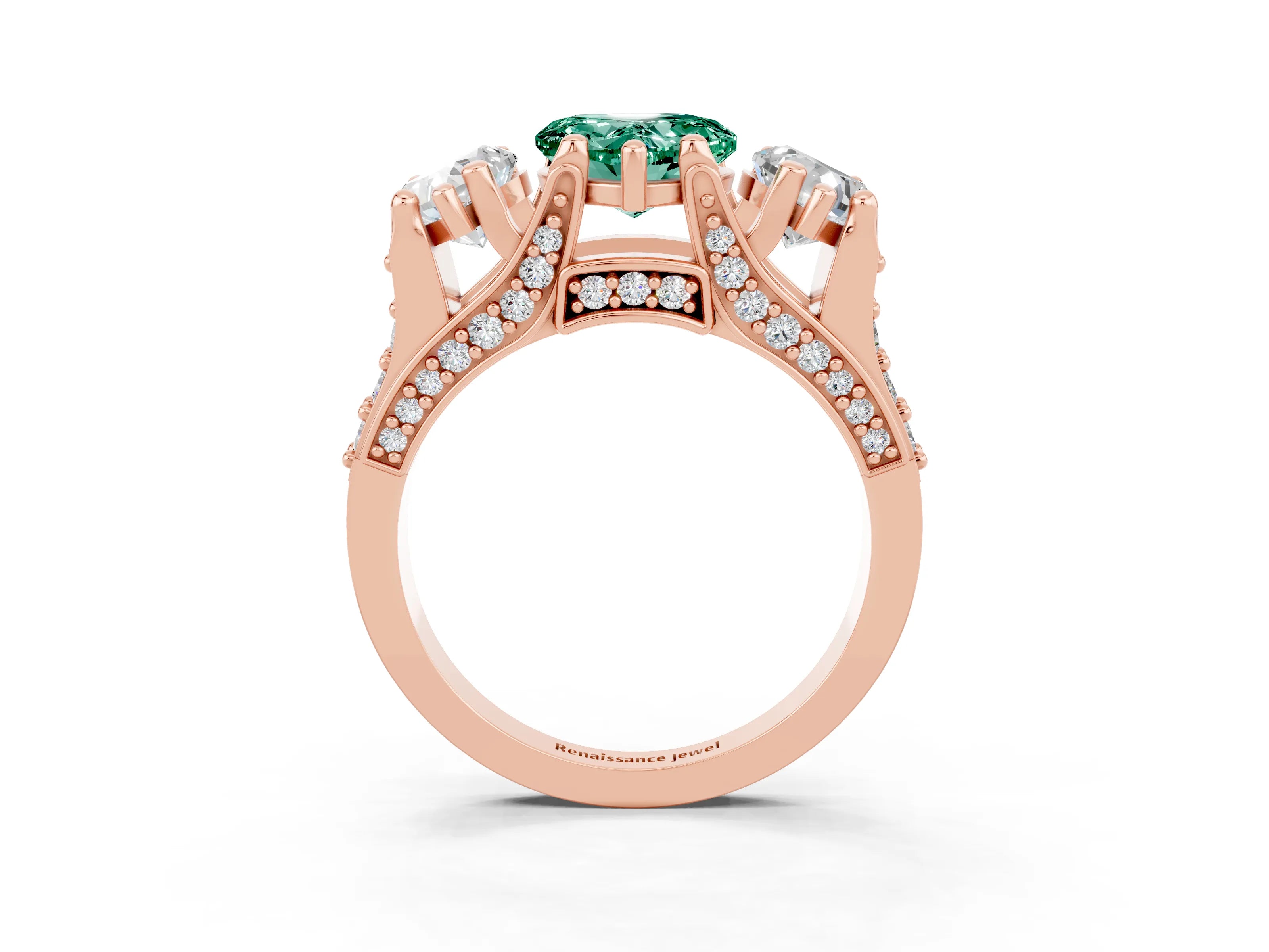 Rose gold Heart Cut Green Sapphire Three-Stone Ring with Channel Set Band and Four-Prong Setting_3