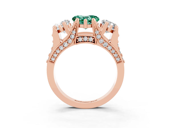 Rose gold Heart Cut Green Sapphire Three-Stone Ring with Channel Set Band and Four-Prong Setting