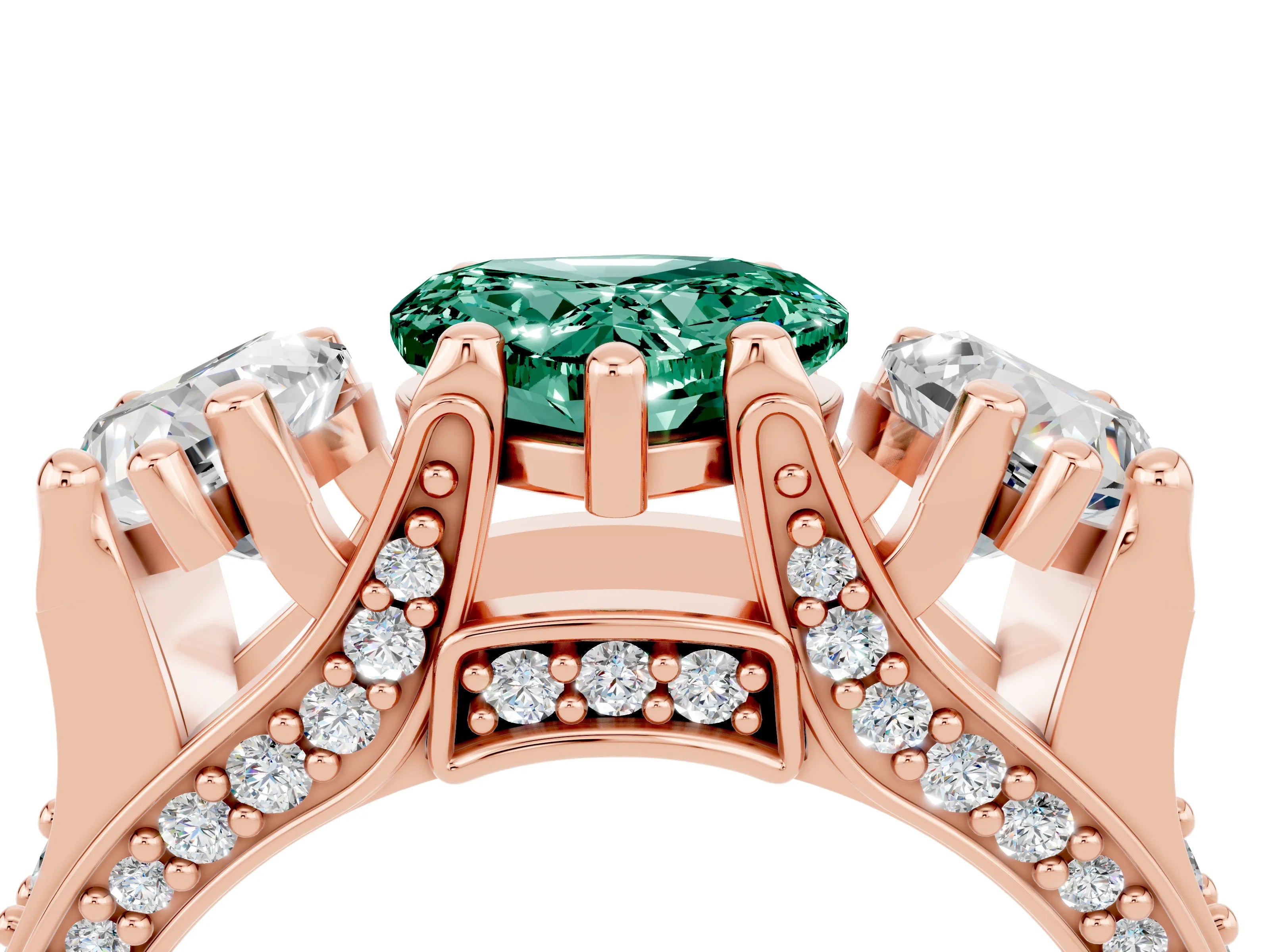 Rose gold Heart Cut Green Sapphire Three-Stone Ring with Channel Set Band and Four-Prong Setting_4