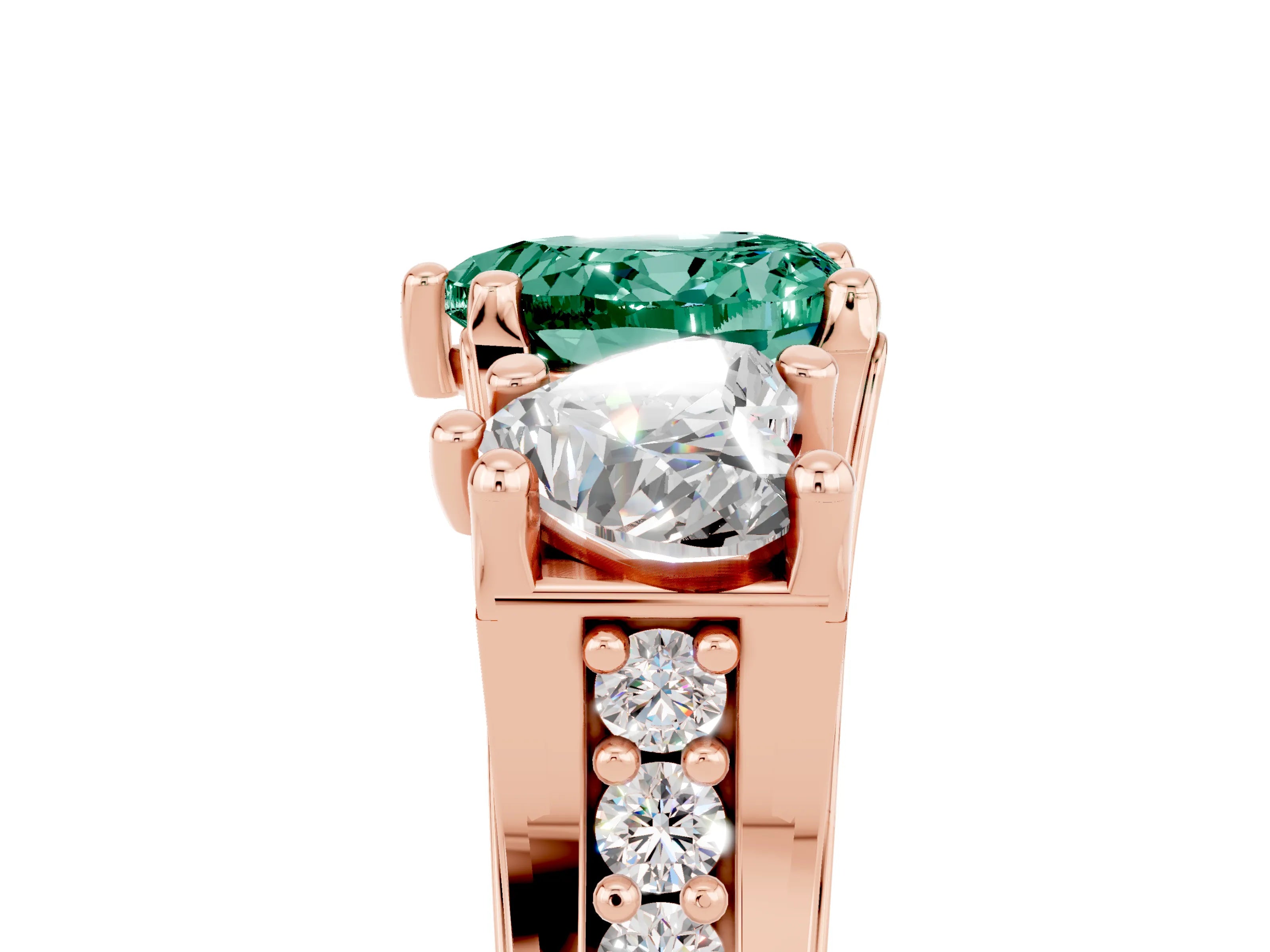 Rose gold Heart Cut Green Sapphire Three-Stone Ring with Channel Set Band and Four-Prong Setting_5