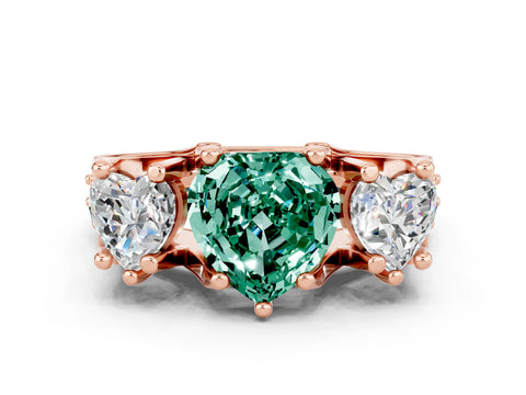 Rose gold Heart Cut Green Sapphire Three-Stone Ring with Channel Set Band and Four-Prong Setting