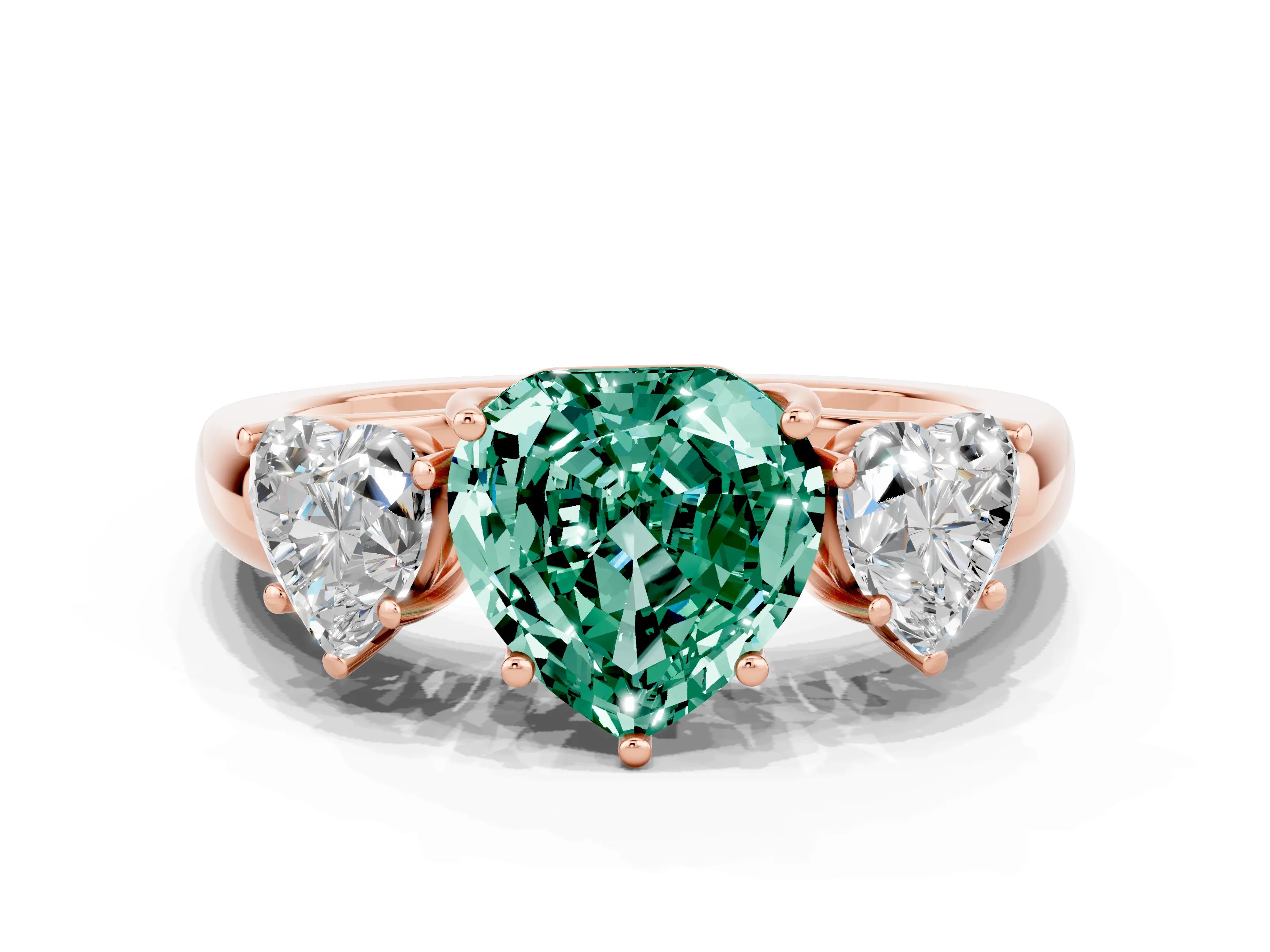 Rose gold Heart Cut Green Sapphire Three-Stone Ring with Four-Prong Setting and Classic Band