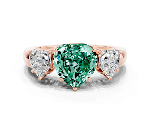 Rose gold Heart Cut Green Sapphire Three-Stone Ring with Four-Prong Setting and Classic Band