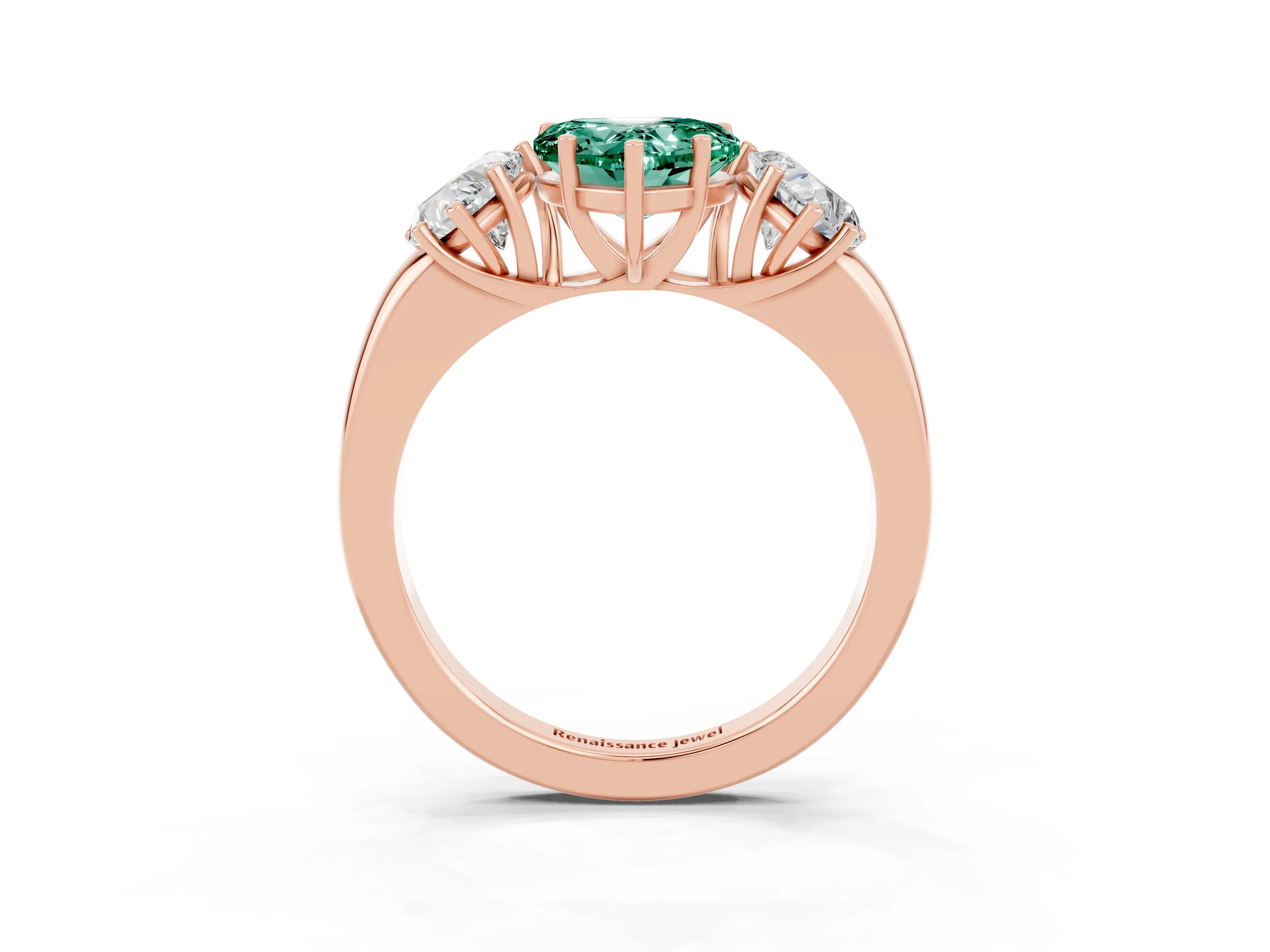Rose gold Heart Cut Green Sapphire Three-Stone Ring with Four-Prong Setting and Classic Band_3
