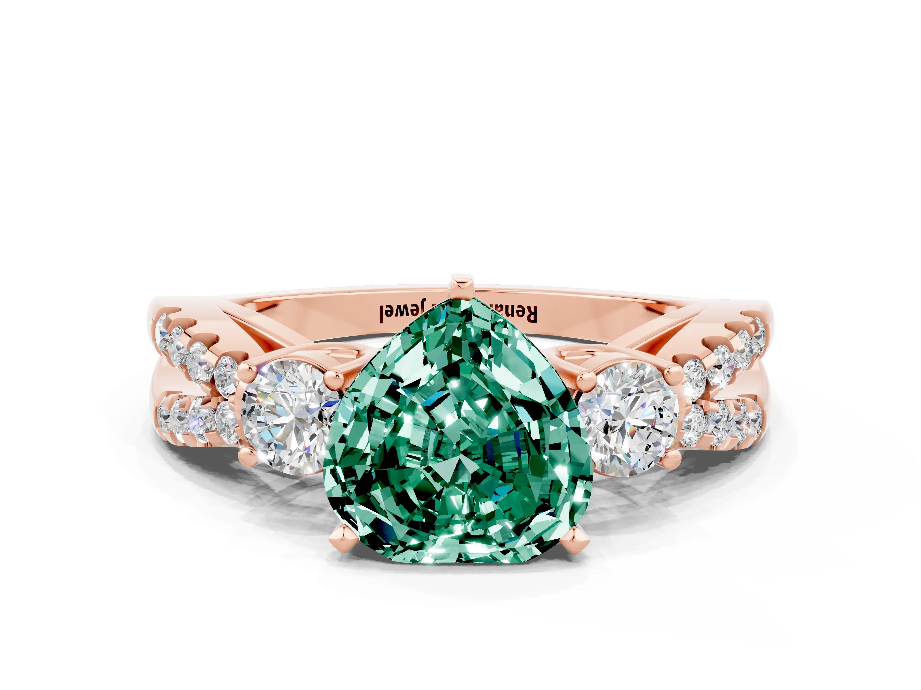 Rose gold Heart Cut Green Sapphire Three-Stone Ring with Pavé Split Shank and Four-Prong Setting