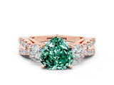 Rose gold Heart Cut Green Sapphire Three-Stone Ring with Pavé Split Shank and Four-Prong Setting