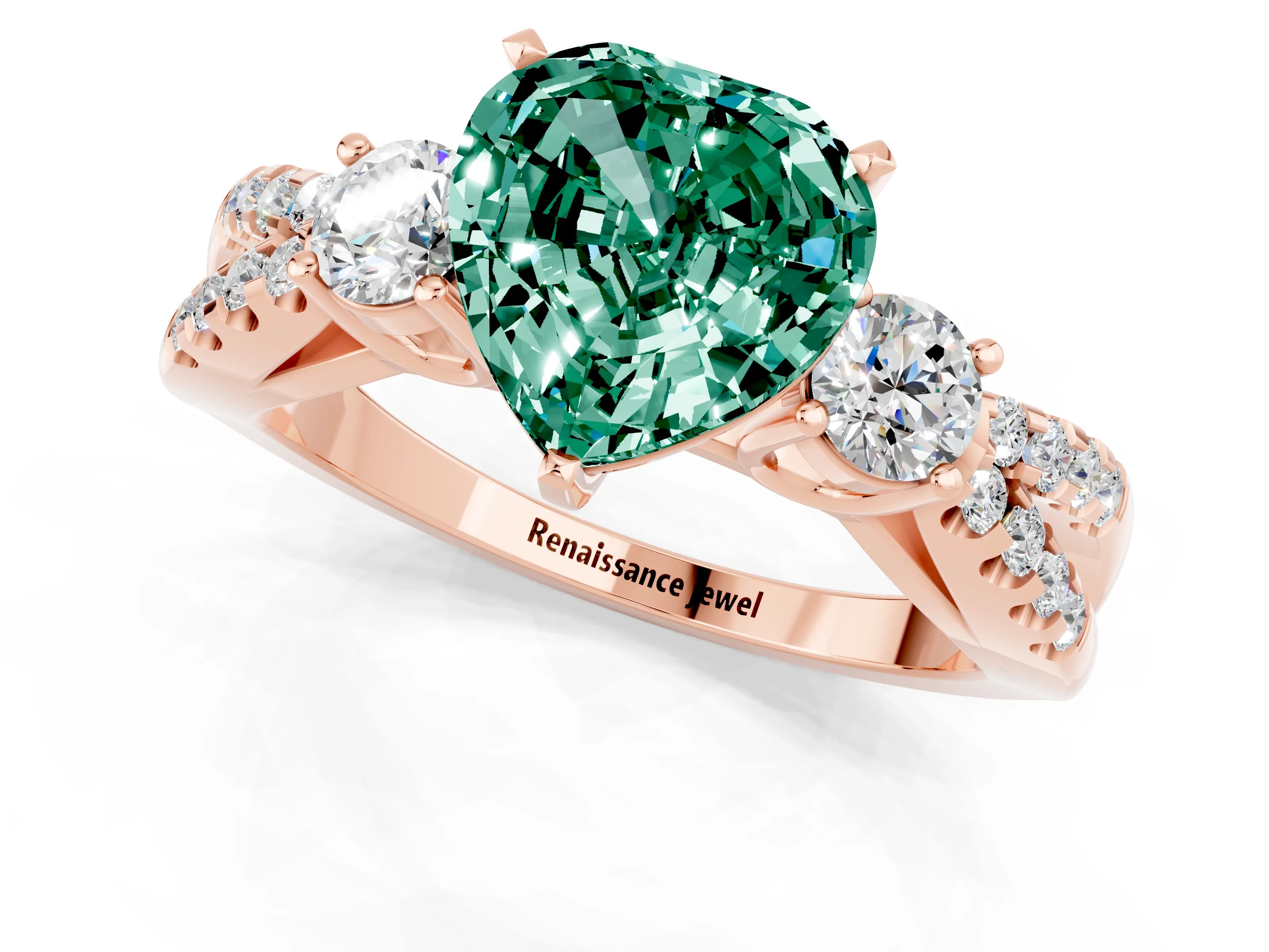 Rose gold Heart Cut Green Sapphire Three-Stone Ring with Pavé Split Shank and Four-Prong Setting_1