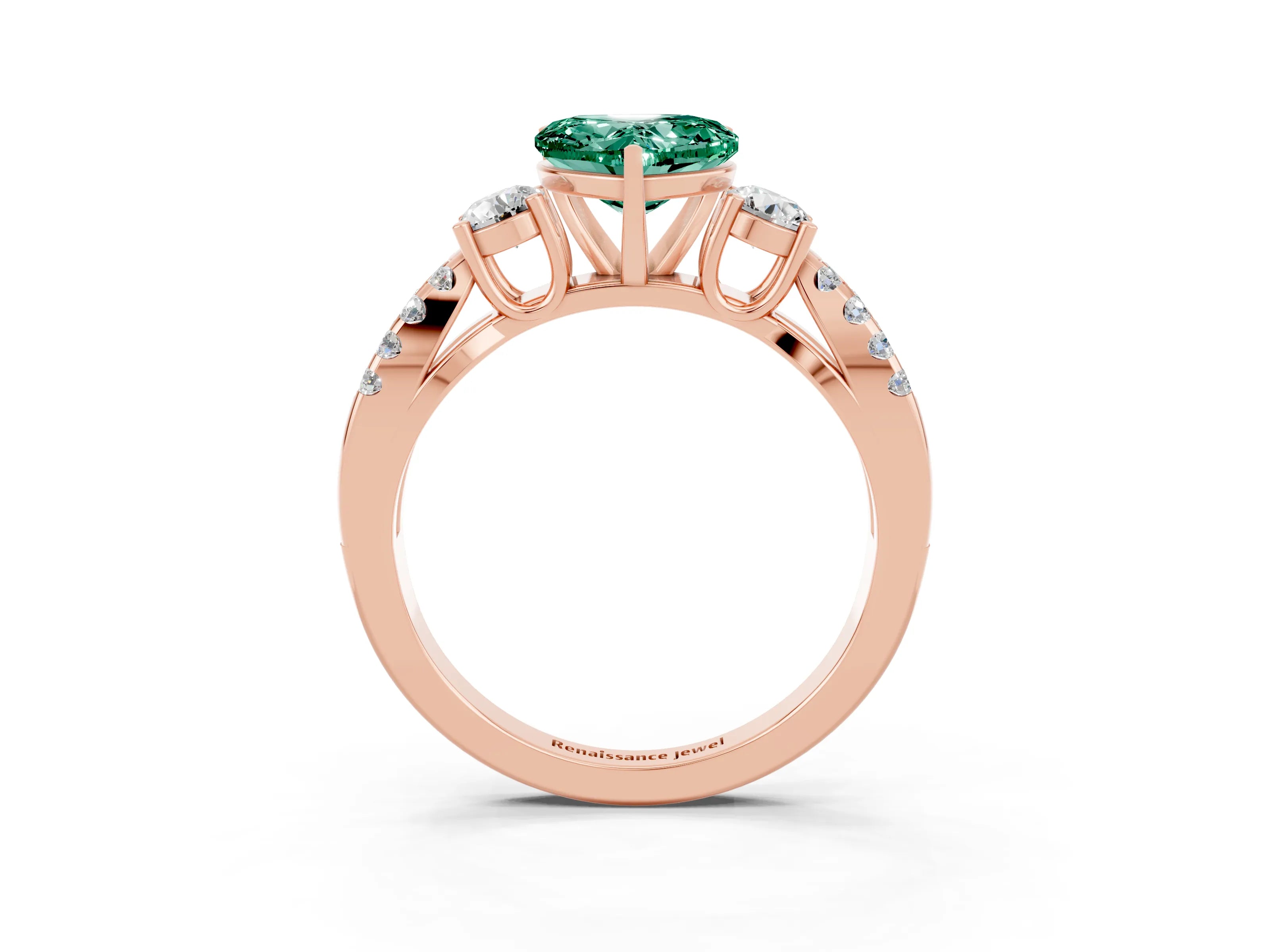 Rose gold Heart Cut Green Sapphire Three-Stone Ring with Pavé Split Shank and Four-Prong Setting_3