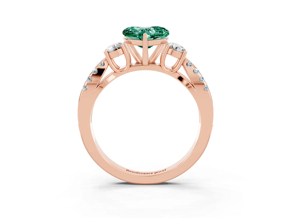 Rose gold Heart Cut Green Sapphire Three-Stone Ring with Pavé Split Shank and Four-Prong Setting