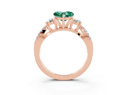 Rose gold Heart Cut Green Sapphire Three-Stone Ring with Pavé Split Shank and Four-Prong Setting_3