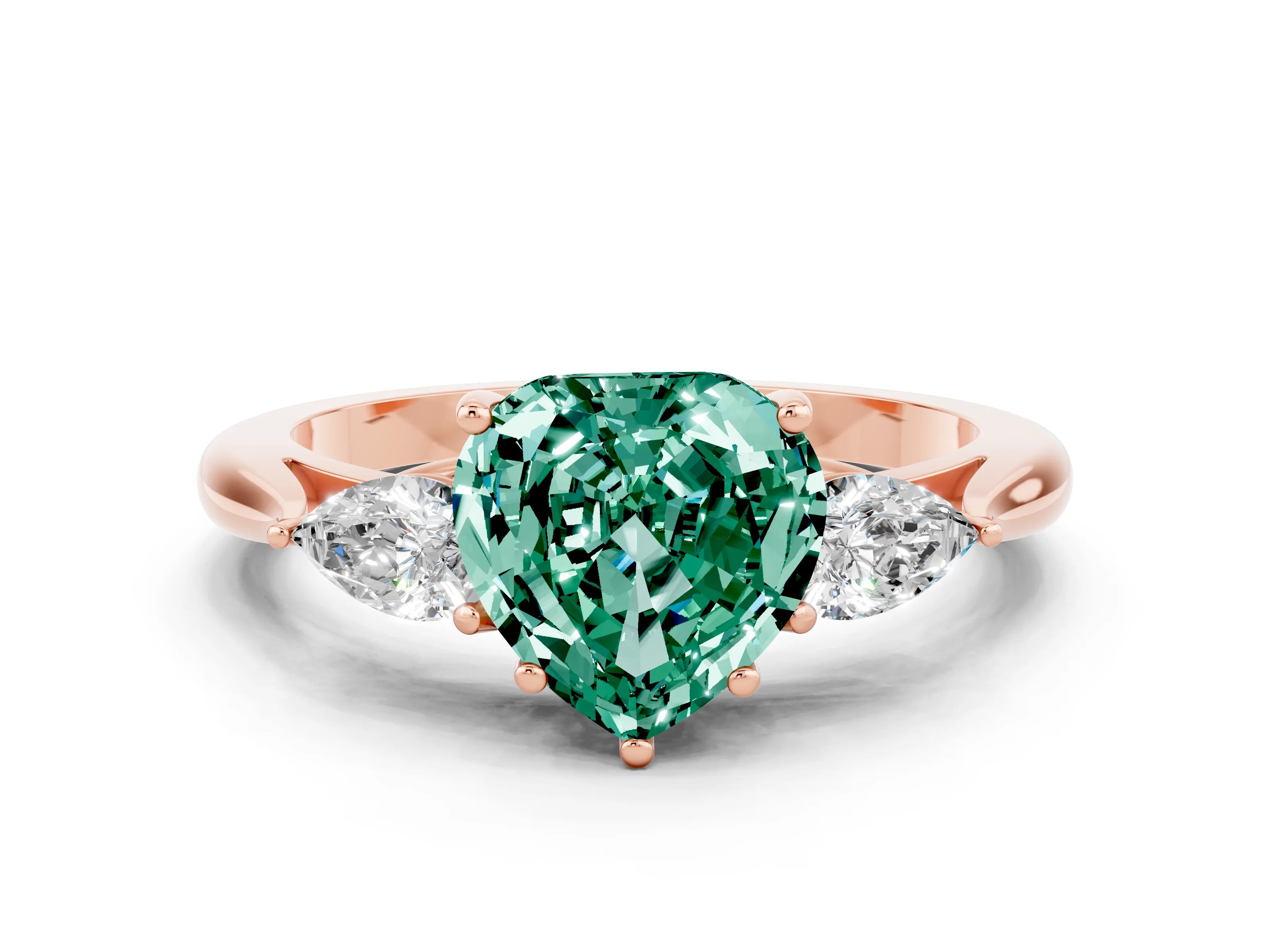 Rose gold Heart Cut Green Sapphire Three-Stone Ring with Pear Side Stones and Four-Prong Setting_12