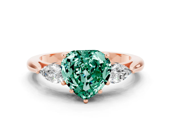 Rose gold Heart Cut Green Sapphire Three-Stone Ring with Pear  Side Stones and Prong Setting