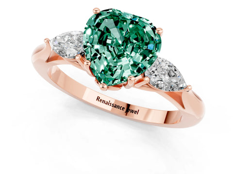 Rose gold Heart Cut Green Sapphire Three-Stone Ring with Pear Side Stones and Four-Prong Setting_13