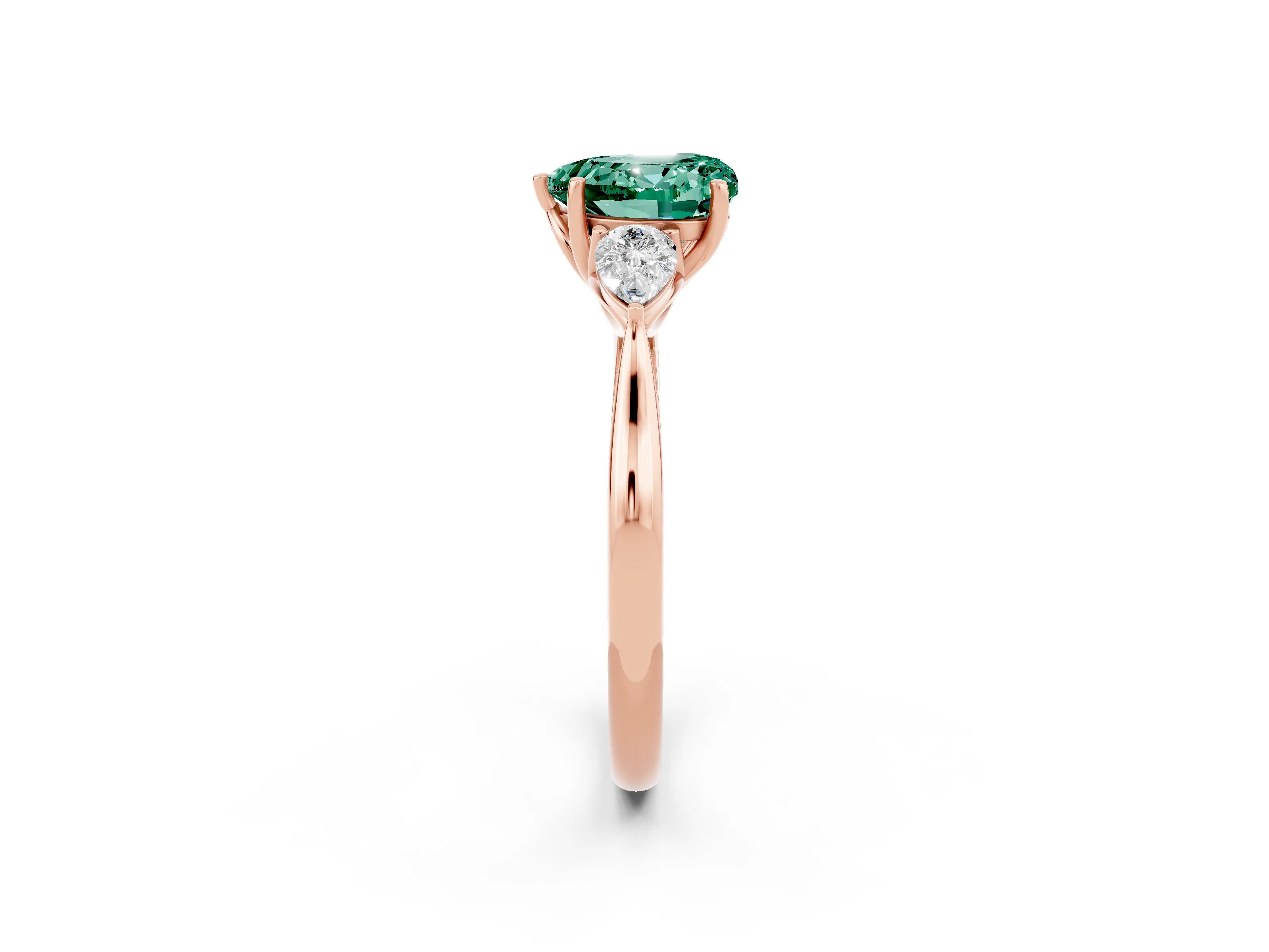 Rose gold Heart Cut Green Sapphire Three-Stone Ring with Pear Side Stones and Four-Prong Setting_14
