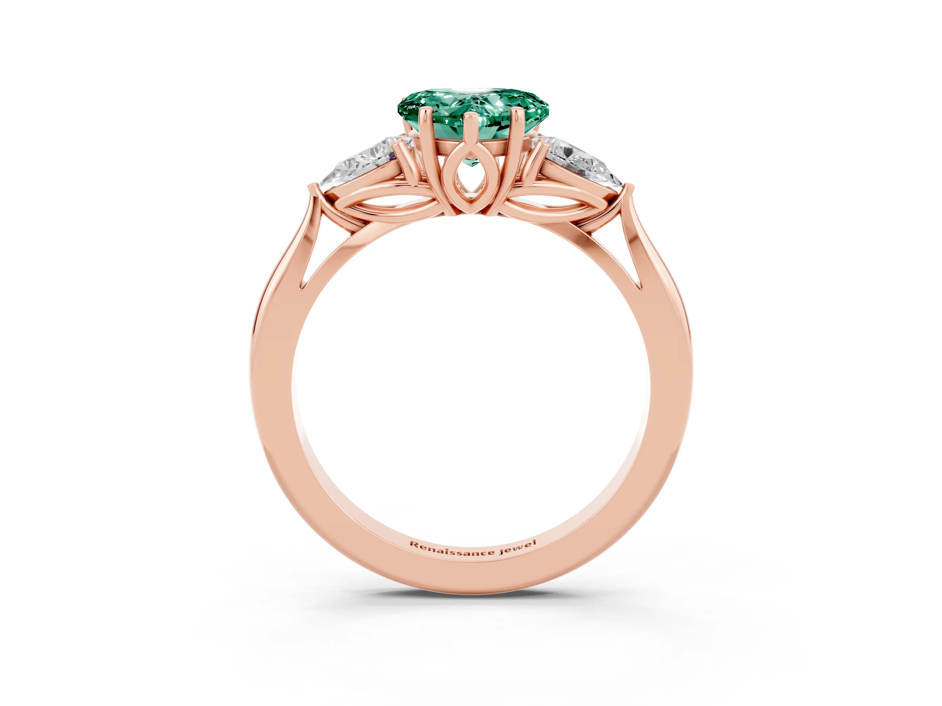 Rose gold Heart Cut Green Sapphire Three-Stone Ring with Pear Side Stones and Four-Prong Setting_15