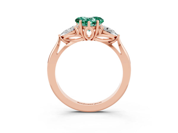 Rose gold Heart Cut Green Sapphire Three-Stone Ring with Pear  Side Stones and Prong Setting